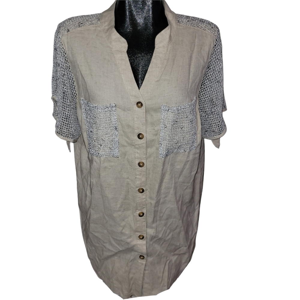 Claire France Beige Linen Blend Button-Up Top With Crochet Detailing Size 14